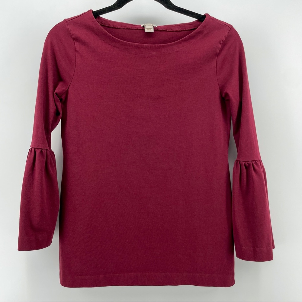 J. Crew Blouse Burgundy Maroon 100% Cotton Bell Sleeves XXS